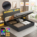 5ft King Upholstered Bed Frame With Hydraulic Storage, Linen Ottoman Bed With LED Lighting, Button Tufted Storage Headboard With Charging Station, No Box Spring Needed, Grey No Mattress