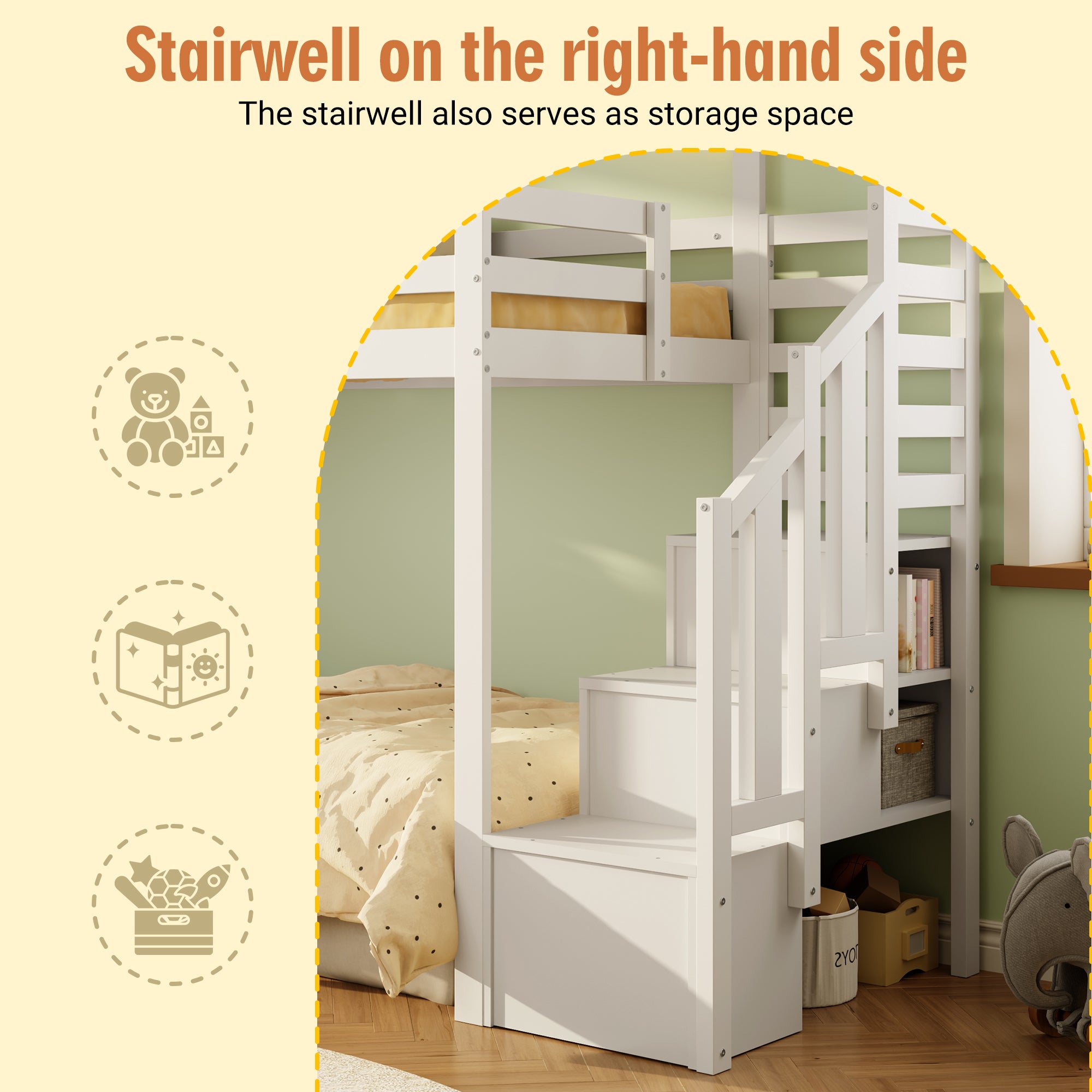Bunk Bed, Loft Bed, Children's Bed 90x190cm With Fall Protection And Storage Stairs, Youth Bed, With Window, Solid Wood, White