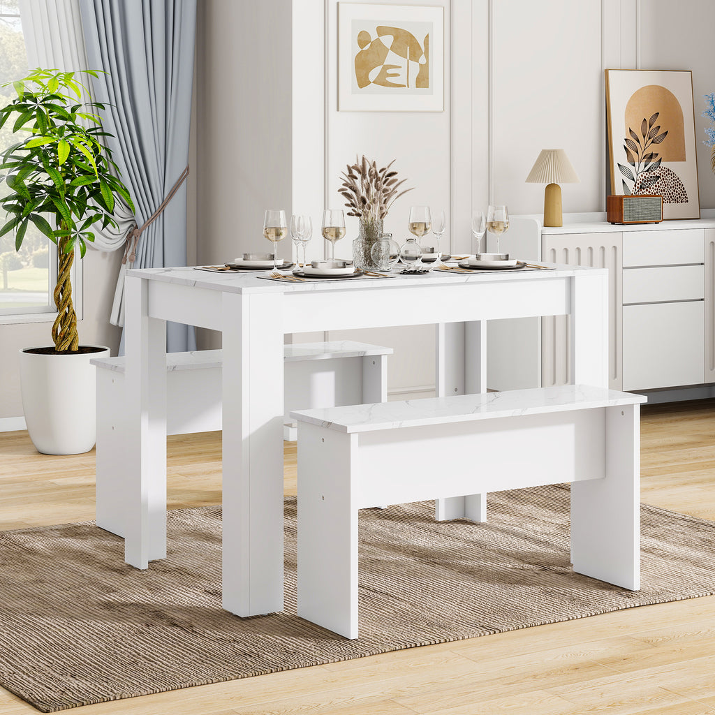 Dining Table With 2 Benches Dining Table Set For Kitchen, Dining Room, Small Space Artificial Marble White