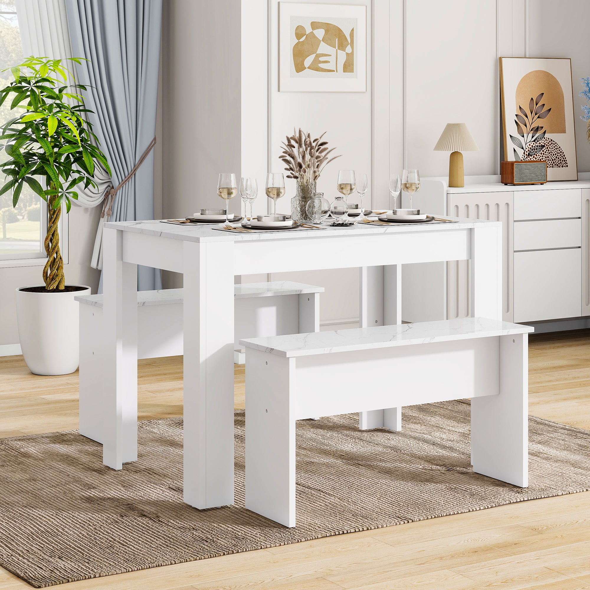 Dining Table With 2 Benches Dining Table Set For Kitchen, Dining Room, Small Space Artificial Marble White